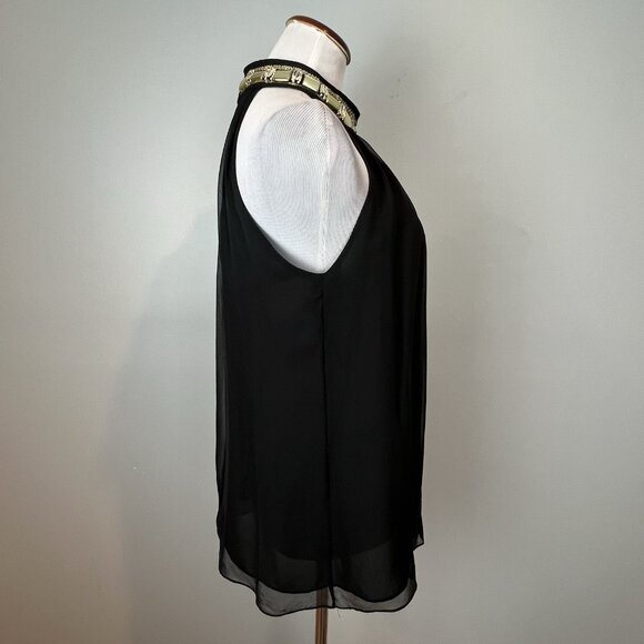 Milly New York Black Chiffon Blouse Size 8 Jeweled High Neckline Sleeveless Silk - Picture 6 of 13